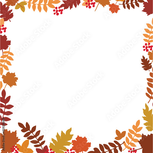 Square frame with elements of orange, red and yellow leaves and berries. Autumn composition. Hand drawn illustration vector 
