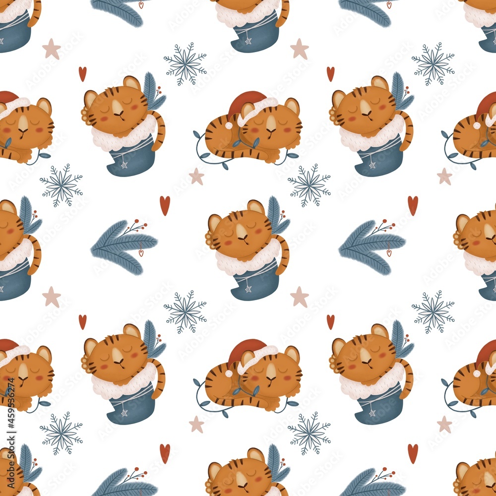 Obraz premium Seamless pattern sleeping tiger cubs in a New Year sock with a branch of the Christmas tree