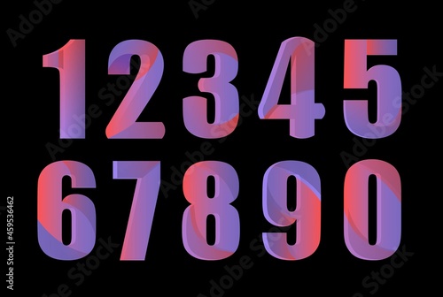 Cute 3D colorful numbers set on black background. Violet-pink numbers on a dark background as a template for social media banner or other creative use. Flat cartoon vector illustration