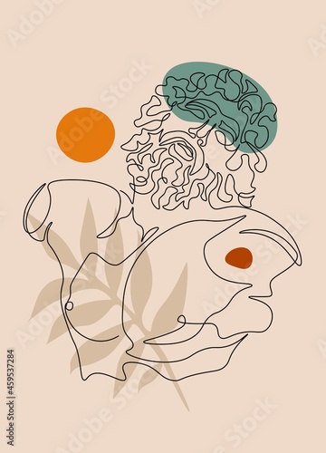 One continuous line ancient greek god statue and geometric shapes, leaf. Hand drawn greece mythology sculpture for posters. Vector art