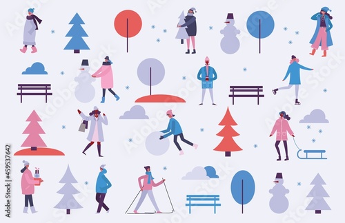 Vector illustration in flat design of winter season background with people outdoor in the flat design
