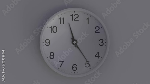 White wall clock with quckly spinning minute and hour hands inside of a room  