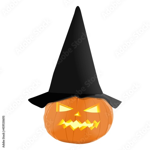 Glowing carved pumpkins for Halloween. Orange pumpkin with black hat for banners, flyers, posters, cards. Sugar pie pumpkin. October. Vector illustration isolated on white background