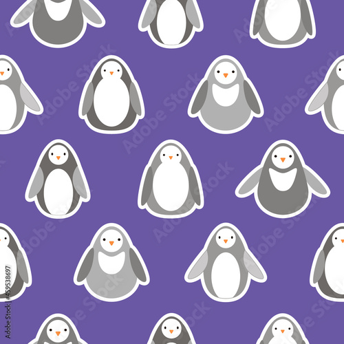 Flat style vector pattern with funny penguins on purple background. Cute backdrop and wrapping design.