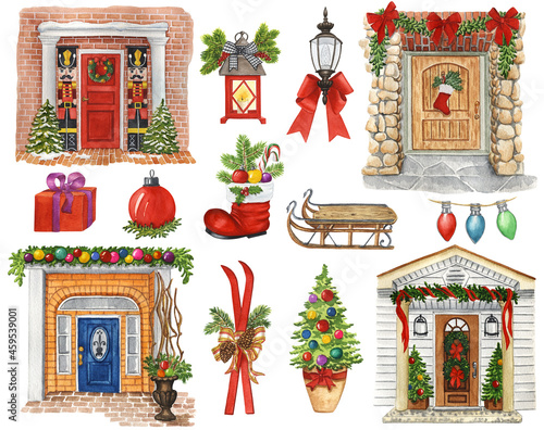 Watercolor Front Door Christmas Decor Clipart. Winter Scene Illustratios. Outdoor Xmas Decorations.  photo