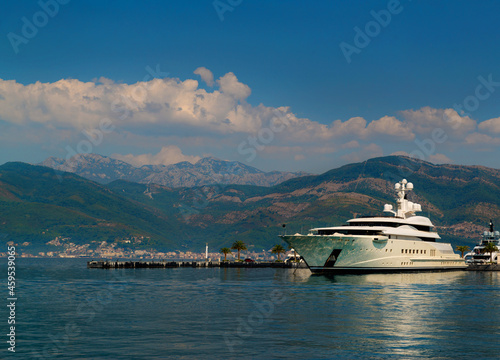 Beautiful mediterranean landscape, yacht in the bay, background