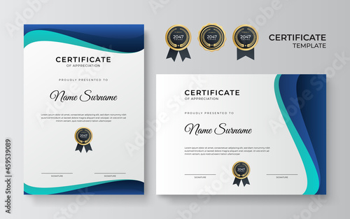 Modern blue certificate template and border, for award, diploma, and printing