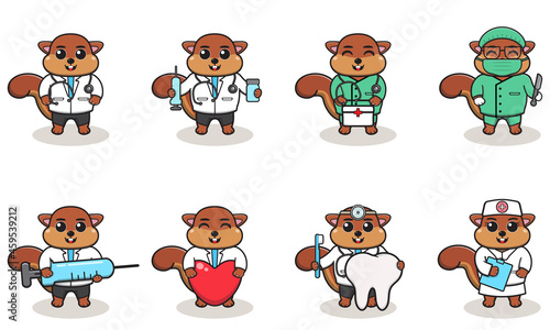 Fototapeta Naklejka Na Ścianę i Meble -  Vector illustration of Cute Character Cartoon of Squirrel Doctor. Good for label, sticker, clipart. white isolated background