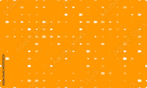 Seamless background pattern of evenly spaced white video camera symbols of different sizes and opacity. Vector illustration on orange background with stars