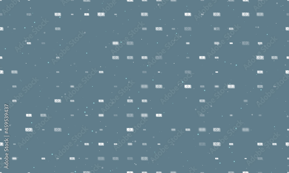 Seamless background pattern of evenly spaced white money bundle symbols of different sizes and opacity. Vector illustration on blue grey background with stars Seamless background pattern of evenly spaced white money bundle symbols of different sizes and opacity. Vector illustration on blue grey background with stars