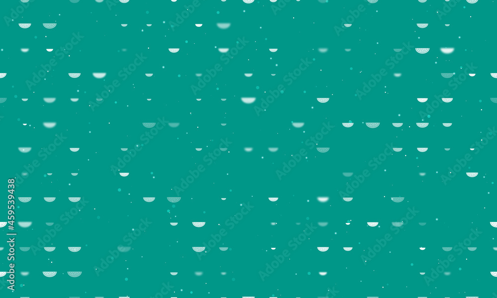 Seamless background pattern of evenly spaced white watermelon piece symbols of different sizes and opacity. Vector illustration on teal background with stars