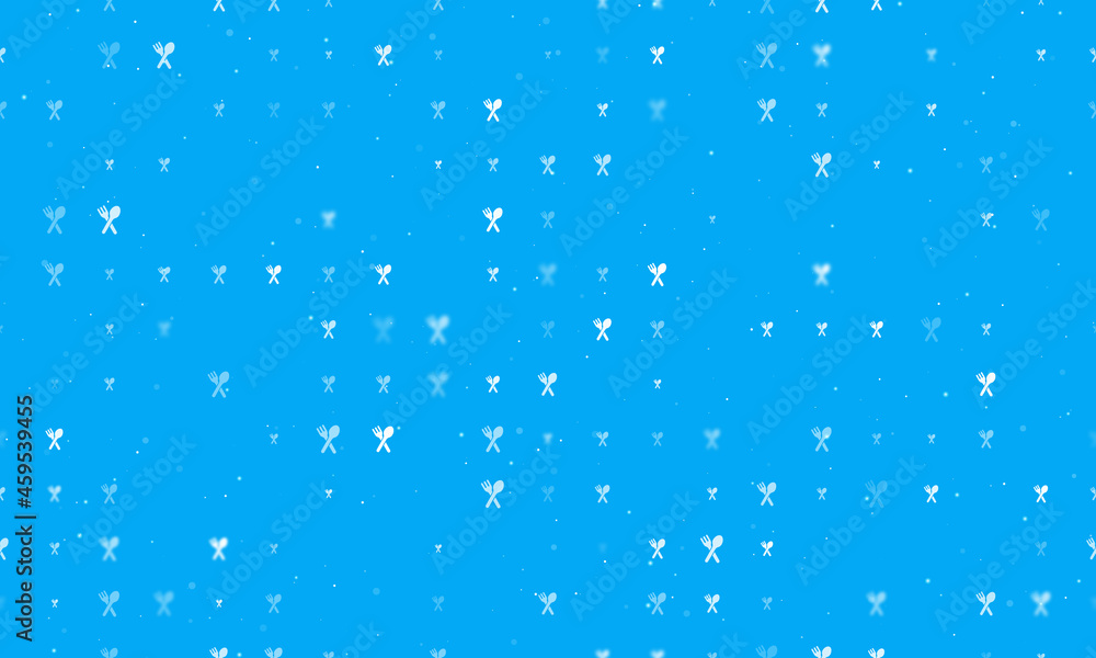 Seamless background pattern of evenly spaced white dinner time symbols of different sizes and opacity. Vector illustration on light blue background with stars