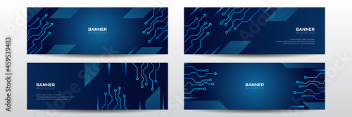 Blue abstract vector technology business long banner template. Business minimal background with halftone circle frame. Abstract background with dynamic effect.