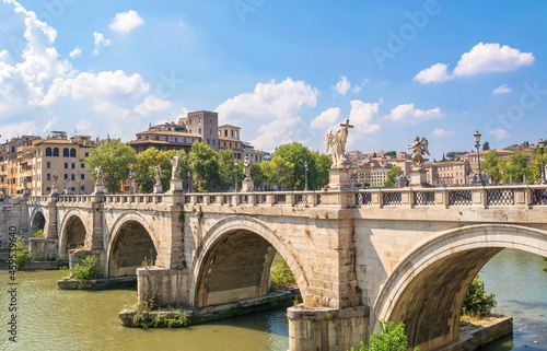 Bridge over the Tiber River with sculptures of angels in Rome