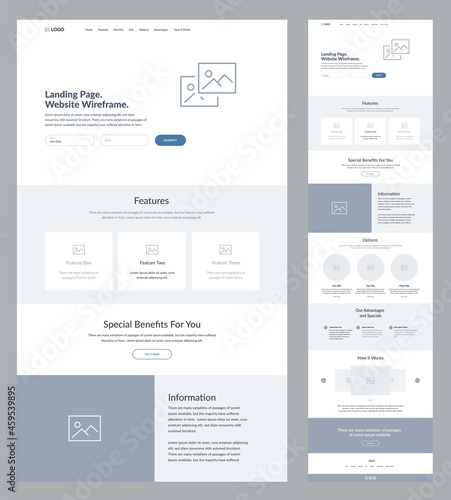 Website design template wireframe. Landing page site design.