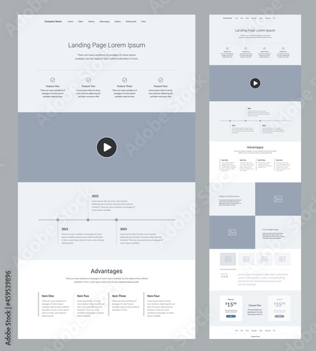 Website design template wireframe. Landing page site design.