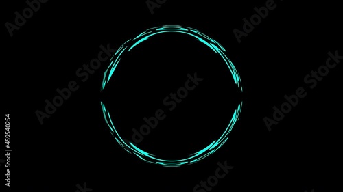 Chaotic movement of blue curved lines. Isolated geometric shape of a circle on a black abstract background. Space for the text, logo, product presentation. High resolution 4k