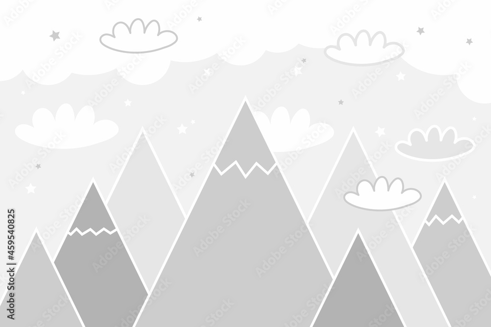 Vector color children hand drawn doodle mountain illustration in  scandinavian style. Mountain landscape, clouds. Children's wallpaper.  Mountainscape, children's room design, wall decor. Mural. Stock Vector |  Adobe Stock