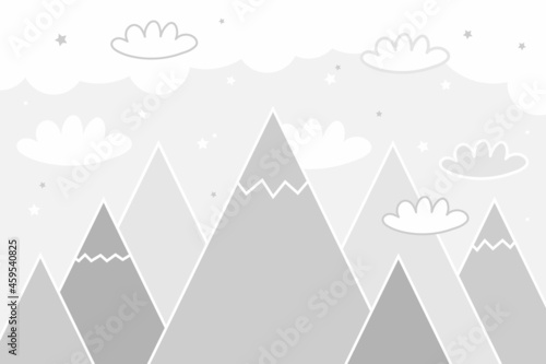 Vector color children hand drawn doodle mountain illustration in scandinavian style. Mountain landscape, clouds. Children's wallpaper. Mountainscape, children's room design, wall decor. Mural.