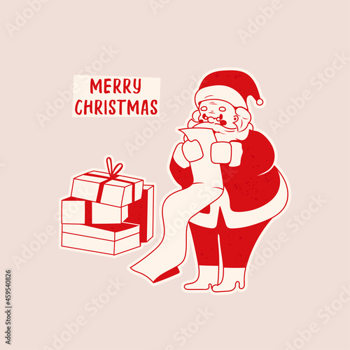 Cheerful Santa Claus with long list and Present box. Merry Christmas, New year concept. Retro, vintage style. Square greeting Card. Hand drawn trendy Vector illustration