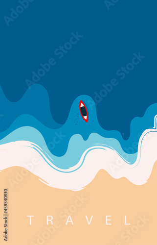 Aerial view of ocean waves reaching the coastline. Red Boat silhouette. Beach, sand, sea shore with blue waves. Top view overhead seaside. Hand drawn Vector illustration. Travel Poster template