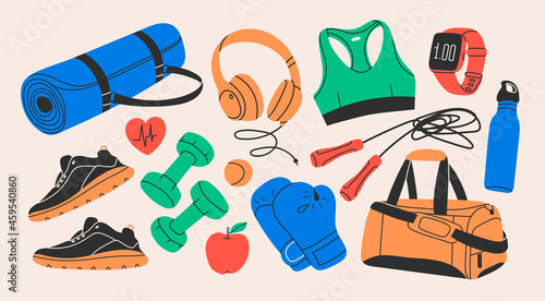 Various Sport equipment. Fitness inventory, gym accessories. Dumbbells, fitness tracker, headphones, bottle, jump rope, shoes, mat, boxing gloves. Healthy lifestyle concept. Hand drawn Vector set