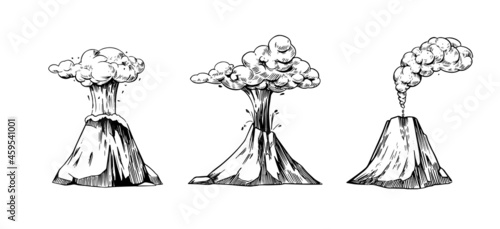 Volcano hand drawn sketch illustration. Vector outline