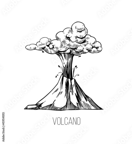 Volcano hand drawn sketch illustration. Vector outline