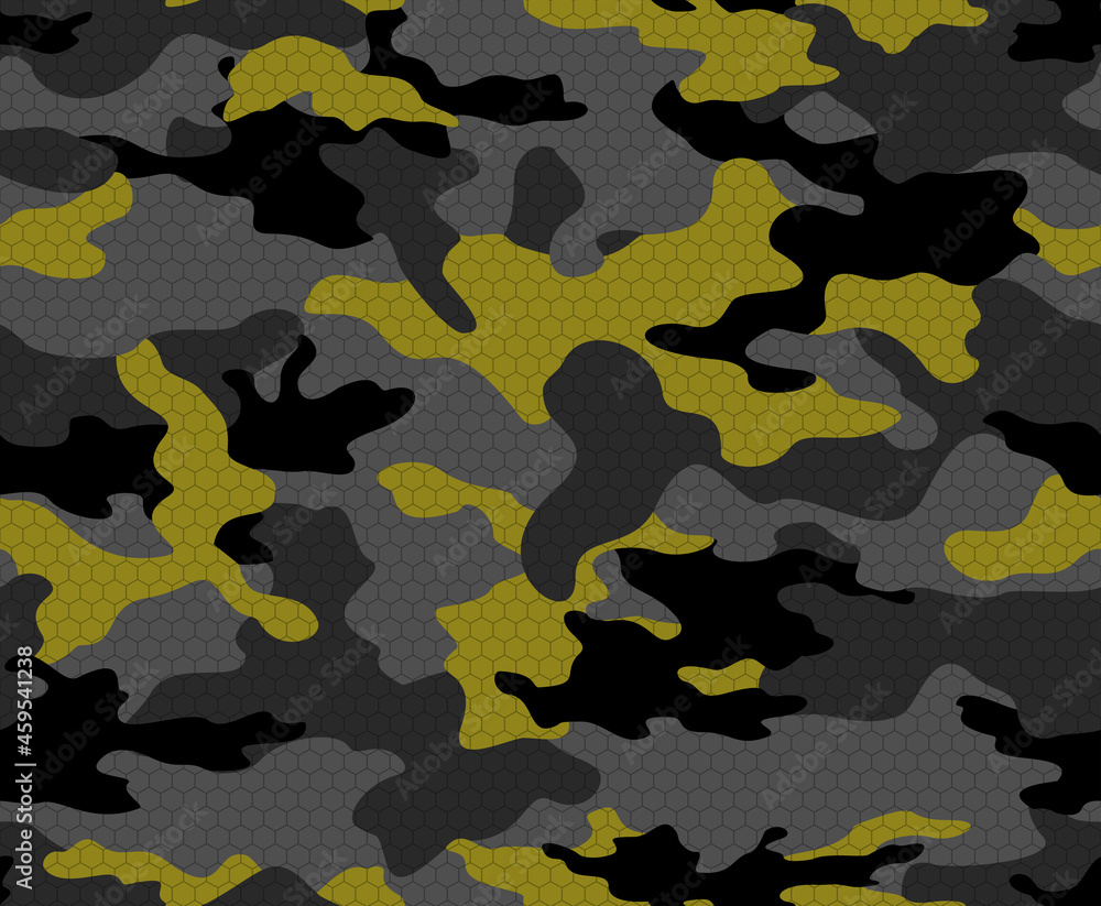 Fototapeta premium Camouflage illustration, digital black-yellow background, clothing seamless pattern. Stylish print.