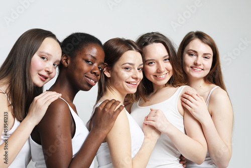 Lifestyle, friendship, emotion and people concept: Diverse multi nation female group, african-american and caucasian teenage friends company