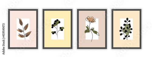 Set of floral abstract modern colorful minimalistic covers on white background. Cute colorful geometric background with various flowers. Flat cartoon vector illustration photo