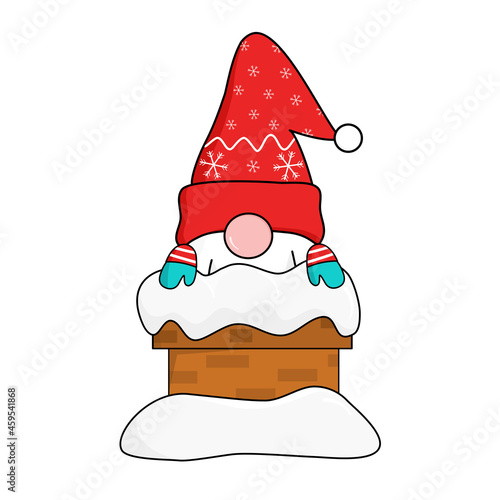 cute gnomes in red snowflakes Santa clause hat show up from snow-covered chimney to greeting and celebrate Christmas and New year. vector illustration.