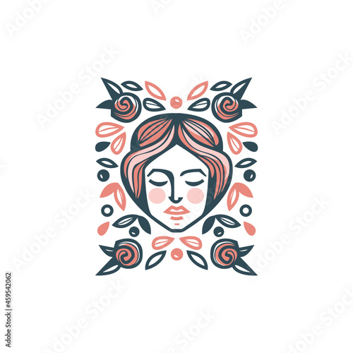 Woman’s head with roses, rectangular vector illustration
