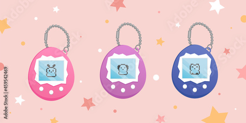 Digital game toy illustration set. Vintage digital pocket pet game icon. Japanese classic Tamago game with screen display, chain and buttons. Nostalgia stuff - pocket pet rabbit cat and dog. Vector.
