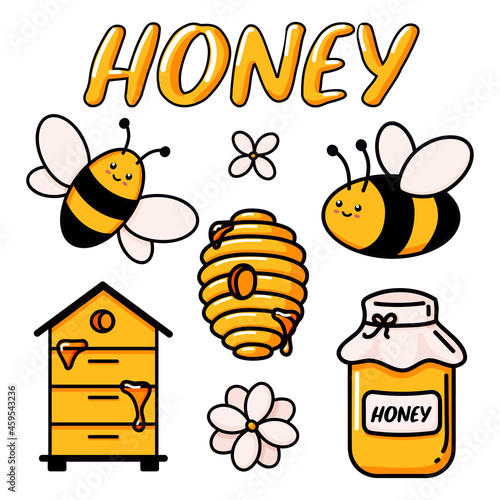 Set of cute bee, tasty healthy honey, jar, hives, flower, and text vector illustrations doodle. Hand drawn colored trendy vector illustration in cartoon style.