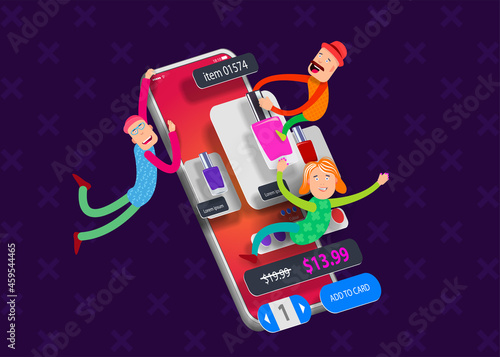 Cartoon men climbed on a mobile phone with the interface of a cosmetics store