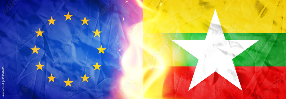 Creative Flags Design of (European Union and Burma) flags banner, 3D illustration.