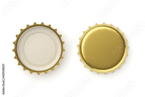 Golden beer caps mock up isolated on white background. 3d rendering.