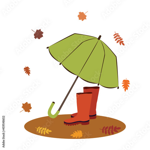 Autumnal illustration of rubber boots, umbrella and leaves. Cartoon illustration 
