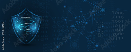 Human brain and shield protection line connection. Low poly wireframe design. Abstract geometric background. vector illustration.