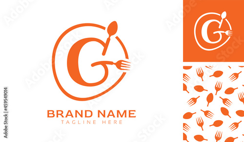 Hand drawn alphabet letter G logo using Spoon, Fork in a circle with color variation and pattern in orange color theme for creative branding design