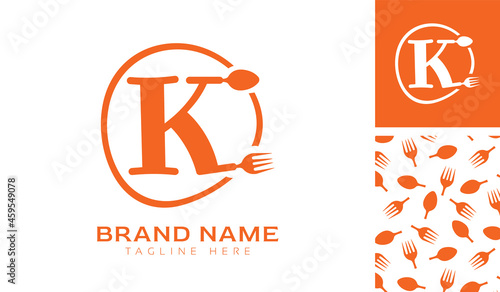 Hand drawn alphabet letter K logo using Spoon, Fork in a circle with color variation and pattern in orange color theme for creative branding design