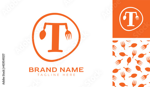 Hand drawn alphabet letter T logo using Spoon, Fork in a circle with color variation and pattern in orange color theme for creative branding design