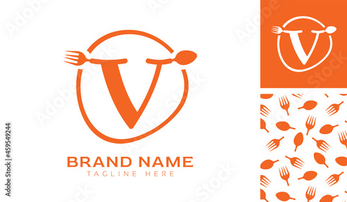 Hand drawn alphabet letter V logo using Spoon, Fork in a circle with color variation and pattern in orange color theme for creative branding design