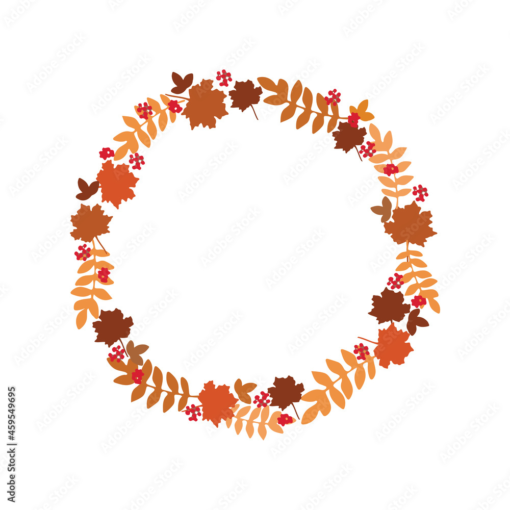 Autumn wreath of autumn leaves and rowan berries. Autumn decor for postcards, banners, invitations. Flat vector illustration hand-drawn.