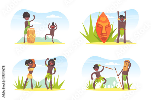 African Tribe People Character in Traditional Loincloth and Palm Leaf with Spear and Drum Vector Set
