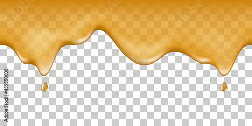 Maple syrup, honey drip spill, flowing melted liquid. Sweet dessert, fruit orange juice, caramel,  leaking sauce. Isolated on transparent background. Vector illustration