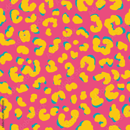 Multicolored leopard skin seamless repeat pattern. Random placed, vector animal all over print on pink background.