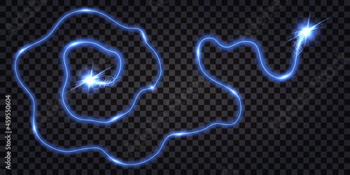 Electric wave swirl wire, discharge shock, lightning thunder bolt, Blue electrical cable, connection impulse, light flash explosion. Isolated on transparent background. Vector illustration.