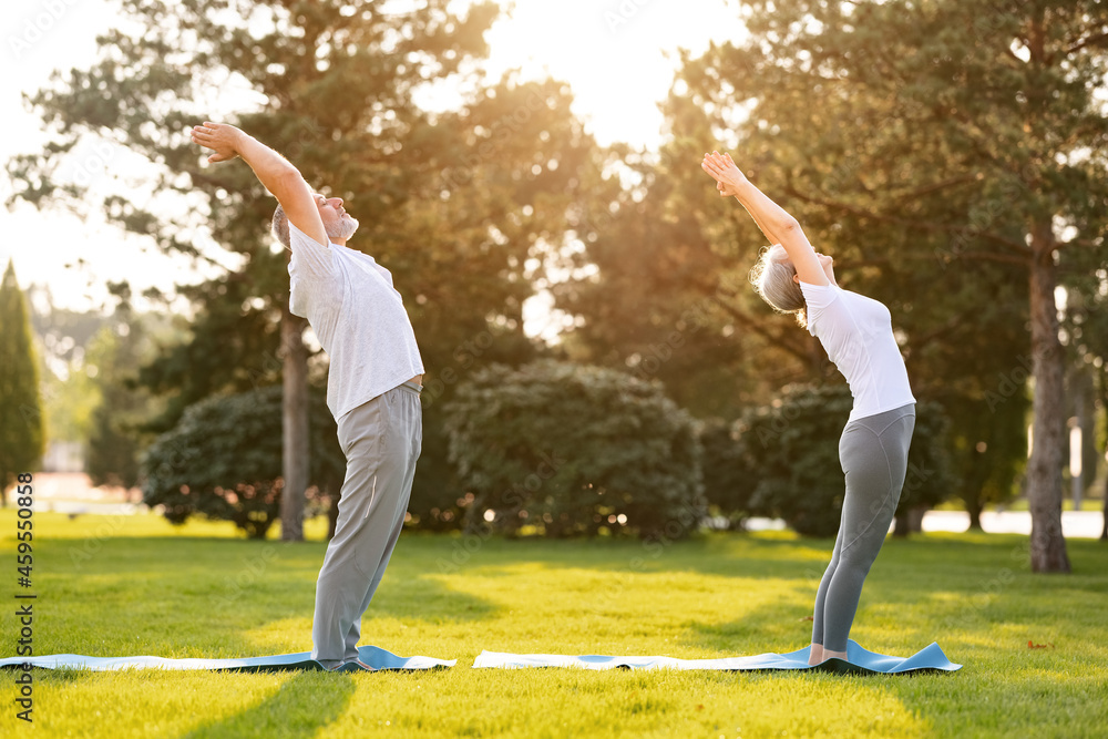 Active elderly couple of husband and wife in sportswear practicing yoga together outside